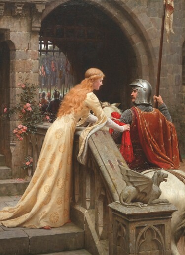 Painting titled "Dieu te protège" by Edmund Leighton, Original Artwork, Oil