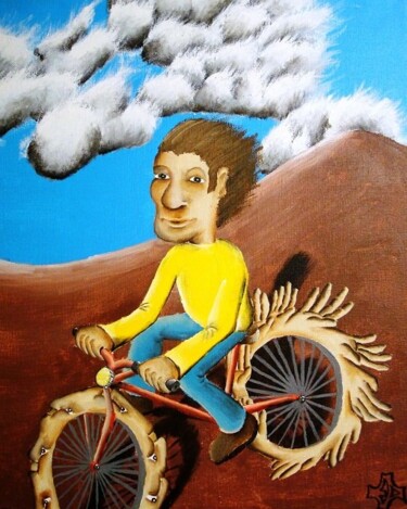 Peinture intitulée "La bicyclette rouge" par Edouard Leruste, Œuvre d'art originale, Huile