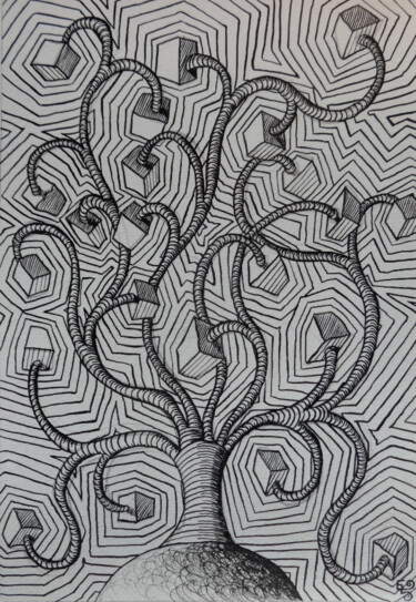 Drawing titled "Box Tree" by Edouard Leruste, Original Artwork, Ink