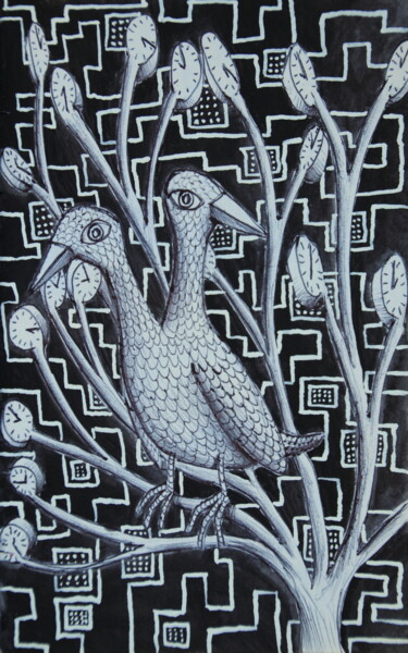Drawing titled "Busy bird on busy t…" by Edouard Leruste, Original Artwork, Ballpoint pen