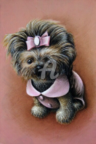 Painting titled "Doggy with a bow" by Neint, Original Artwork, Oil