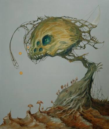 Painting titled "Fungi Gardener" by Ed Schaap, Original Artwork, Oil Mounted on Wood Stretcher frame