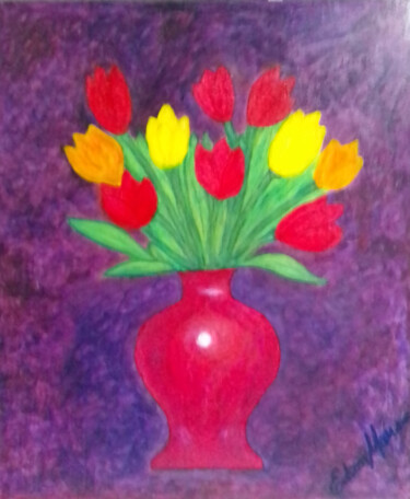 Painting titled "VASO COM TULIPAS" by Edson Moura, Original Artwork, Acrylic