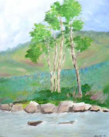 Painting titled "Rivière campagnarde" by Claude Godfrin-Claude, Original Artwork, Oil