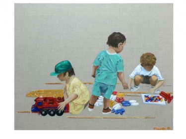 Painting titled "Trois petits enfants" by Claude Godfrin-Claude, Original Artwork, Oil
