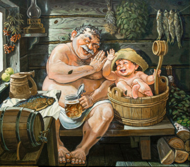 Painting titled "внук с дедушкой" by Eduard Kont, Original Artwork, Oil Mounted on Wood Stretcher frame