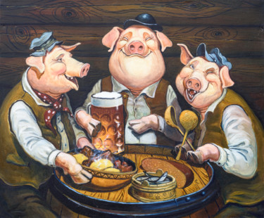 Pintura intitulada "three pigs" por Eduard Kont, Obras de arte originais, Óleo