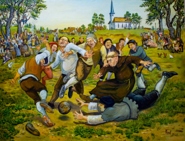 Schilderij getiteld "Medieval football (…" door Eduard Kont, Origineel Kunstwerk, Olie