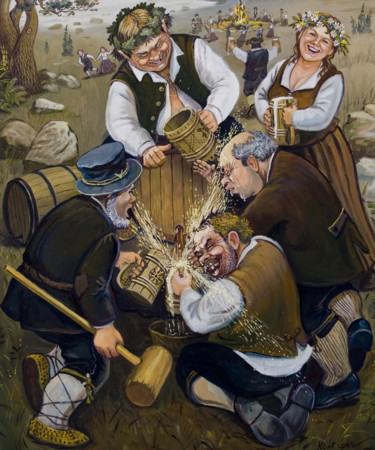 Malerei mit dem Titel "Opening a beer barr…" von Eduard Kont, Original-Kunstwerk, Öl