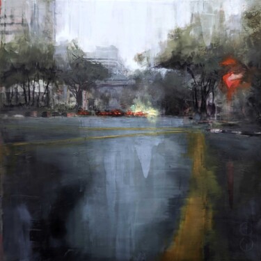 Painting titled "Rain in KL 04" by Eduard Warkentin, Original Artwork, Oil Mounted on Wood Panel