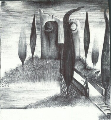 Drawing titled "WAITING THE NOTHING…" by Eduardo Bustos Segovia, Original Artwork, Ballpoint pen Mounted on Cardboard