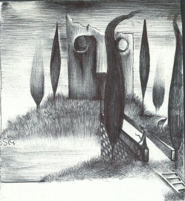 Dessin intitulée "WAITING THE NOTHING…" par Eduardo Bustos Segovia, Œuvre d'art originale, Stylo à bille Monté sur Carton