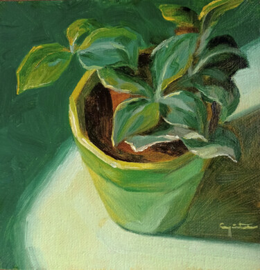 Peinture intitulée "Maceta verde" par Eduardo Carpintero García, Œuvre d'art originale, Huile Monté sur Autre panneau rigide