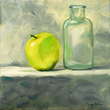 Painting titled "Manzana y botella" by Eduardo Carpintero García, Original Artwork, Oil