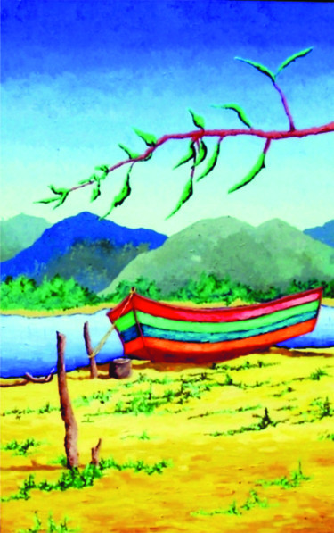 Pintura intitulada "barco-em-furnas" por Eduardo Machado, Obras de arte originais, Óleo