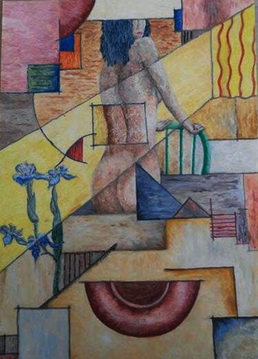 Pintura intitulada "Mulher na cadeira e…" por Eduardo Machado, Obras de arte originais, Óleo Montado em Vidro