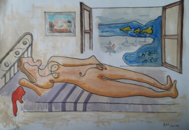 Картина под названием "Mulher de linha úni…" - Eduardo Machado, Подлинное произведение искусства, Масло Установлен на Стекло