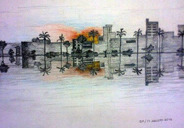 Desenho intitulada "Amanhecer na Lagoa…" por Eduardo Machado, Obras de arte originais, Lápis Montado em Vidro