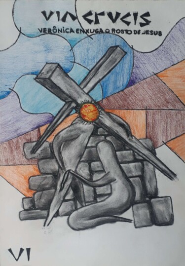 Drawing titled "Via Crucis - Estaçã…" by Eduardo Machado, Original Artwork, Pencil Mounted on Glass