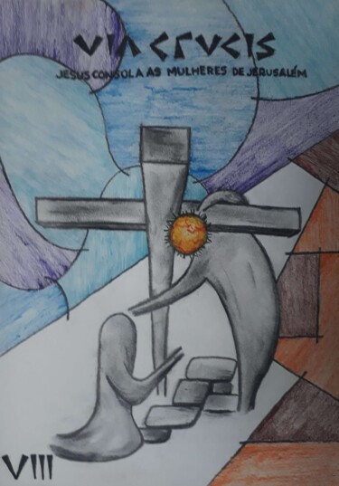 Drawing titled "Via Crucis - Estaçã…" by Eduardo Machado, Original Artwork, Pencil Mounted on Glass