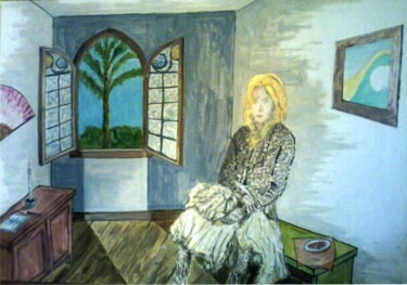 Painting titled "Mulher sentada e ja…" by Eduardo Machado, Original Artwork, Oil Mounted on Glass