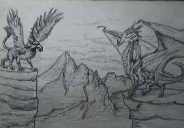 Dibujo titulada "O Grifo e o Dragão…" por Eduardo Machado, Obra de arte original, Lápiz Montado en Vidrio