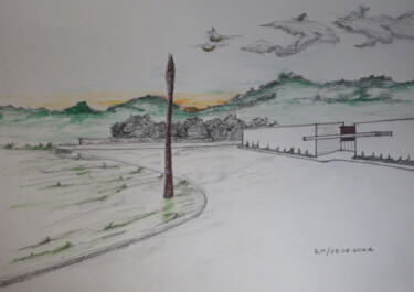Desenho intitulada "Pôr do sol no pátio…" por Eduardo Machado, Obras de arte originais, Lápis Montado em Vidro