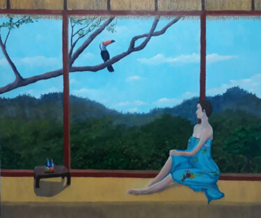 Painting titled "Anne e o Tucano - S…" by Eduardo Machado, Original Artwork, Oil Mounted on Wood Stretcher frame