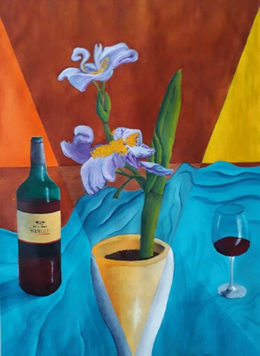 Painting titled "Iris Falsa e Vinho…" by Eduardo Machado, Original Artwork, Oil Mounted on Wood Panel