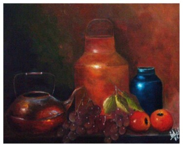 Painting titled "chaleira e frutas" by Eduardo Ribeiro Costa Edu Rico, Original Artwork, Oil