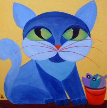 Peinture intitulée "Gato Azul" par Eduardo Ribeiro Costa Edu Rico, Œuvre d'art originale