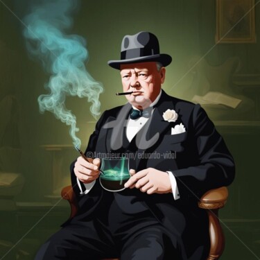 Digitale Kunst mit dem Titel "Winston Churchill" von Eduardo Vidal, Original-Kunstwerk, Digitale Malerei
