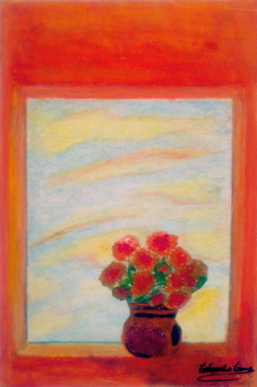Pintura intitulada "Flores na Janela" por Eduardo Lima, Obras de arte originais, Pastel