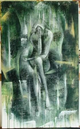 Pintura titulada "Meditación en verde" por Eduardo Yanes Hidalgo, Obra de arte original, Oleo