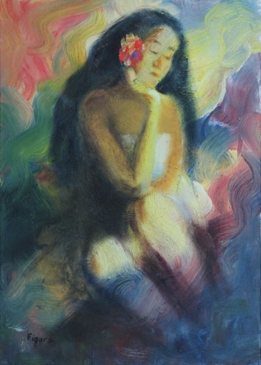 Peinture intitulée ""Soleil de Tahiti"" par Edwige Figura, Œuvre d'art originale, Acrylique Monté sur Châssis en bois