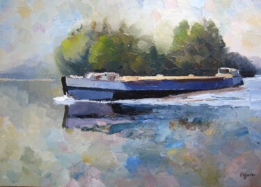 Painting titled "Péniche sur la Seine" by Edwige Figura, Original Artwork, Acrylic Mounted on Wood Stretcher frame