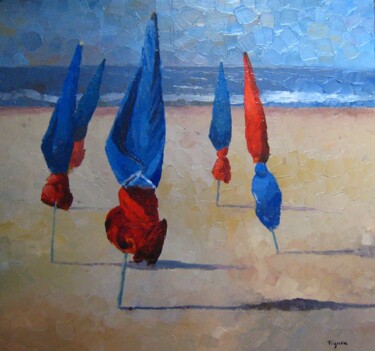 Картина под названием "Les parasols de Dea…" - Edwige Figura, Подлинное произведение искусства, Акрил Установлен на Деревянн…