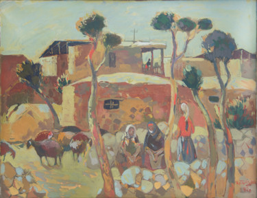 Painting titled "Morning in the vill…" by Edward Artsrunyan, Original Artwork, Oil Mounted on Wood Stretcher frame