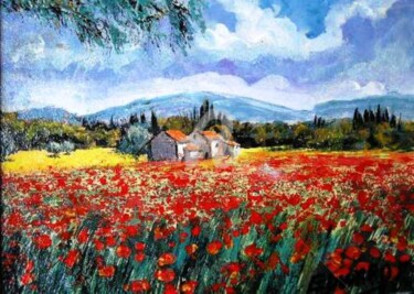 Peinture intitulée "champs-rouge-24x18.…" par Edward Misiaszek, Œuvre d'art originale
