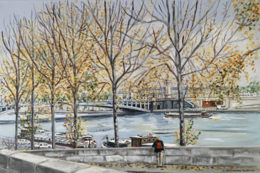 Painting titled "Les quais de Seine" by Edwige Mitterrand Delahaye, Original Artwork, Oil Mounted on Wood Stretcher frame