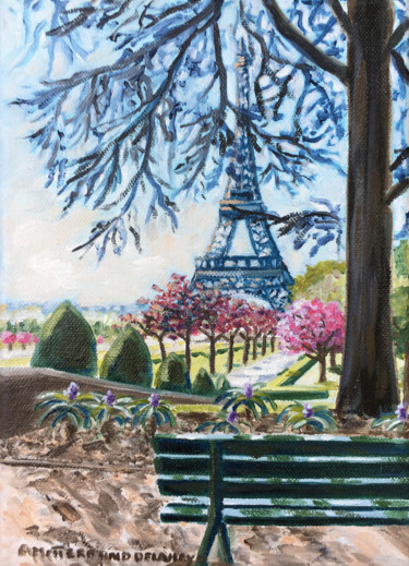 Painting titled "Le banc de la Tour…" by Edwige Mitterrand Delahaye, Original Artwork, Oil Mounted on Wood Stretcher frame