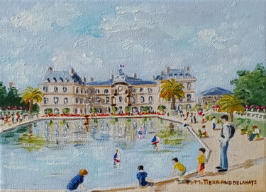 Painting titled "Bassin du jardin du…" by Edwige Mitterrand Delahaye, Original Artwork, Oil Mounted on Wood Stretcher frame