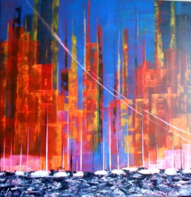 Painting titled "MANHATTAN COUCHER D…" by Edwige (Edges) Lefevre, Original Artwork, Acrylic