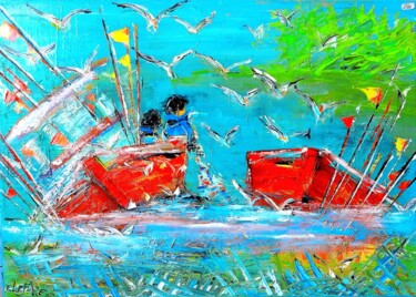 Malarstwo zatytułowany „Retour de pêche Mon…” autorstwa Edwige (Edges) Lefevre, Oryginalna praca, Olej Zamontowany na Drewni…