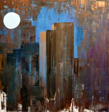Painting titled "MANHATTAN BY NIGHT" by Edwige Leprin, Original Artwork, Oil
