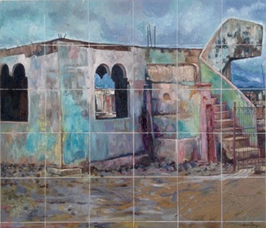 Schilderij getiteld "Ruins" door Edwin Jumalon, Origineel Kunstwerk, Olie Gemonteerd op Frame voor houten brancard