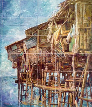 Pintura intitulada "Stilts" por Edwin Jumalon, Obras de arte originais, Óleo