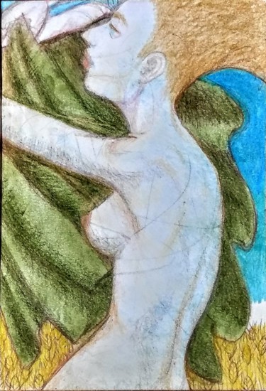 Tekening getiteld "Nude in Wheatfield" door Edwin Loftus, Origineel Kunstwerk, Pastel Gemonteerd op Andere stijve panelen