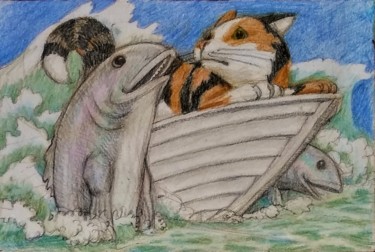 Disegno intitolato "The Cat and Fish" da Edwin Loftus, Opera d'arte originale, Matita Montato su Altro pannello rigido