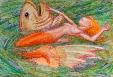 Drawing titled "Mermaid with Fish" by Edwin Loftus, Original Artwork, Pencil Mounted on Other rigid panel